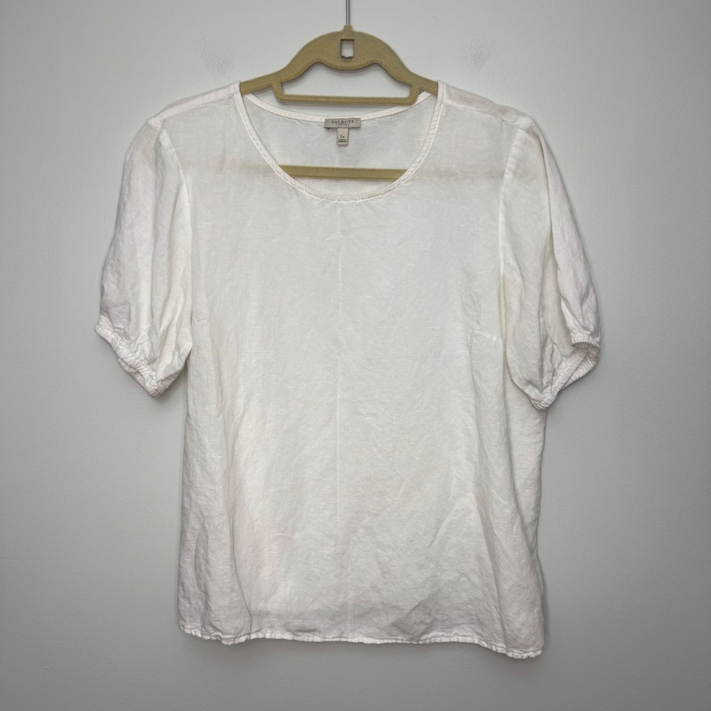 Talbots Petite White Linen Blend Puff Short Sleeve Scoop Neck Blouse LP